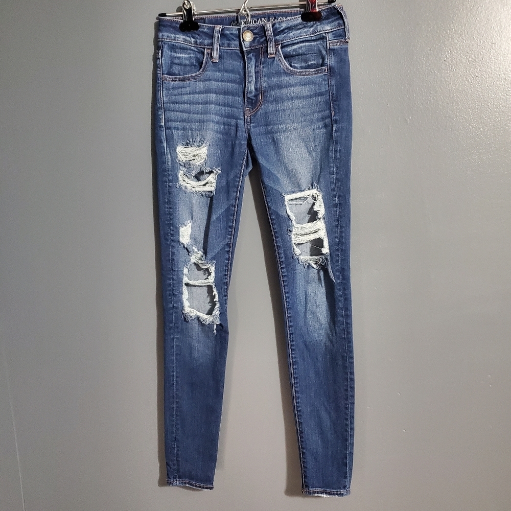 American Eagle Outfitters Blue Skinny Jeans Jegging Distressed Size 2